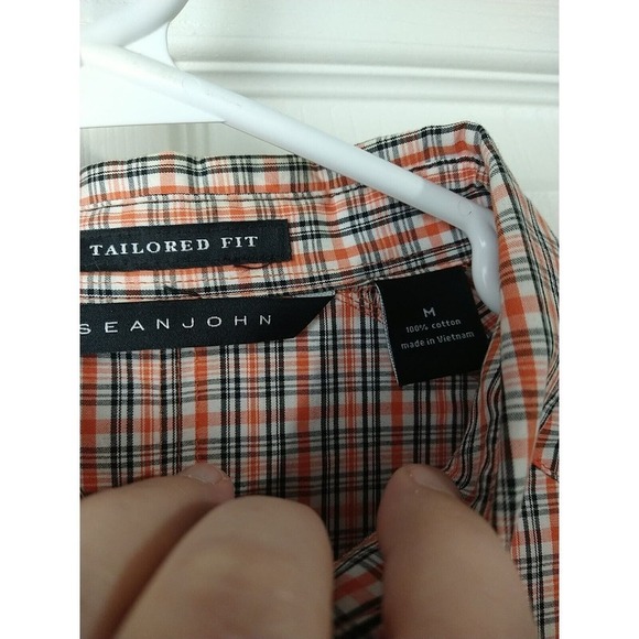 Sean John Orange Black Plaid Collared Button Short Sleeve Shirt. Size M - Picture 9 of 11